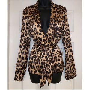 superdown Leopard Print Satin Wrap Blazer in Tan and Black